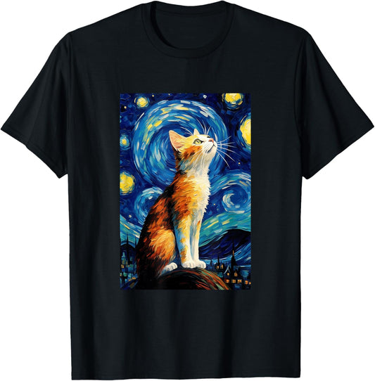 Cute Cat - Van Gogh Style - Starry Night T-Shirt