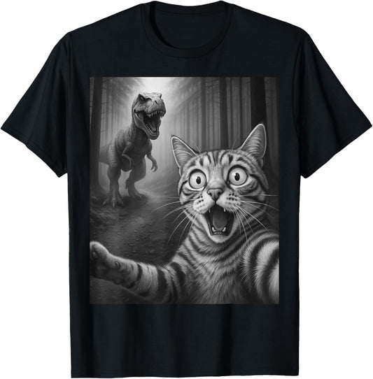 Funny Cat Dinosaur Selfie in Forest – Cute T-Rex Escape Tee T-Shirt