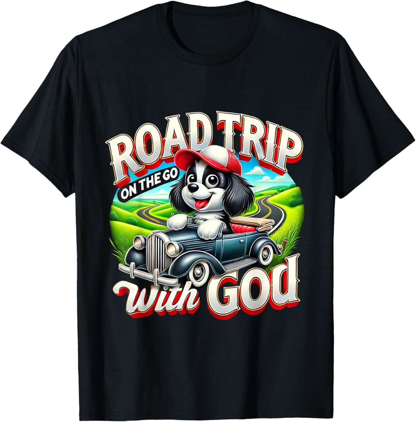 Road Trip With God Retro Car Faith Travel Art Cute Dog T-Shirt