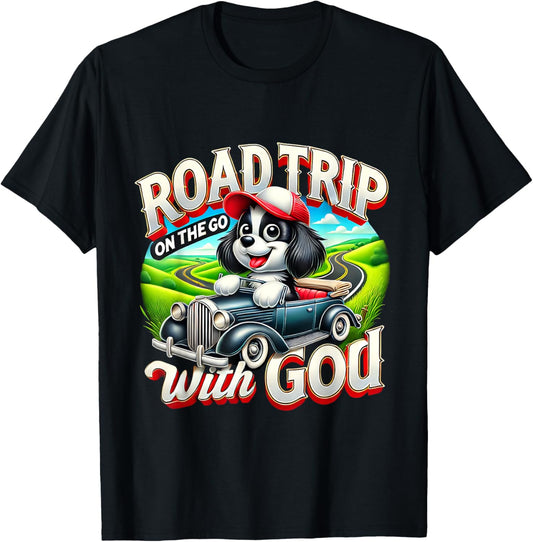 Road Trip With God Retro Car Faith Travel Art Cute Dog T-Shirt