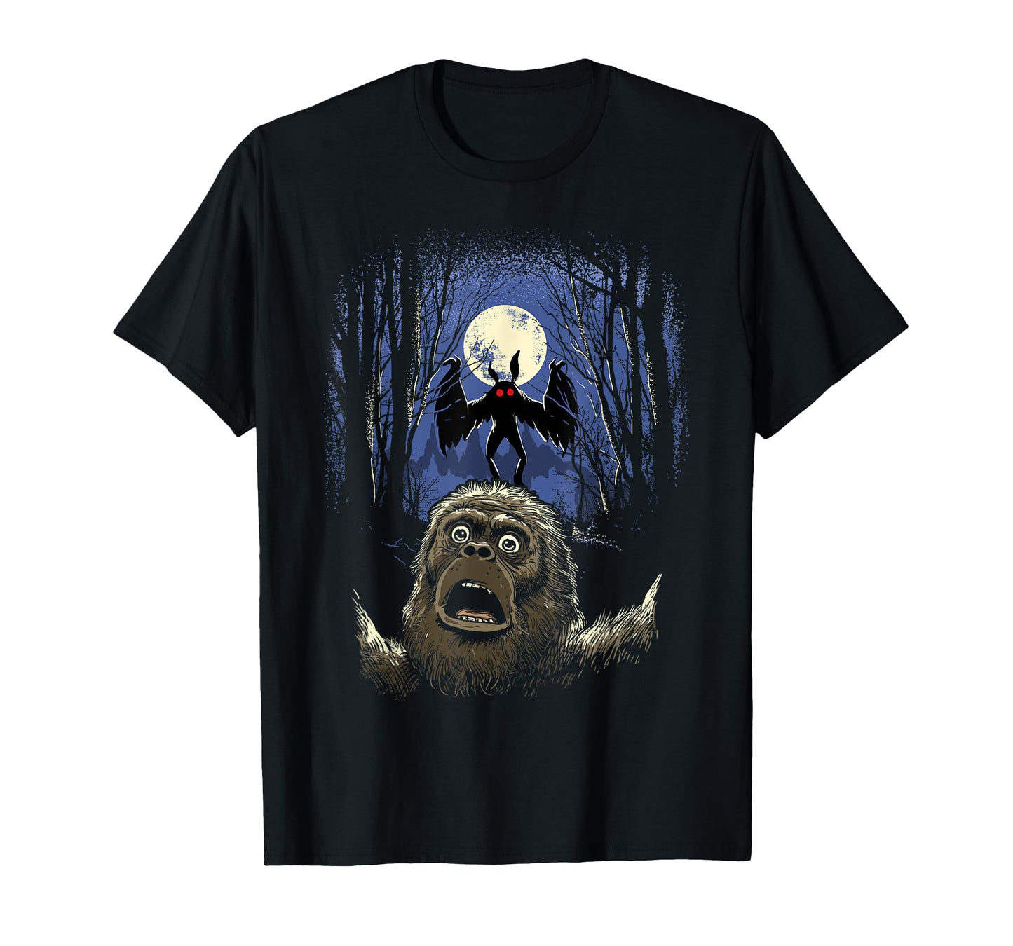 Scared Bigfoot Selfie Bigfoot With Mothman Monster Cryptid T-Shirt