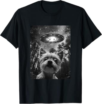 Surprised Yorkie Selfie With Alien UFO, funny dog Men Women Kids T-Shirt