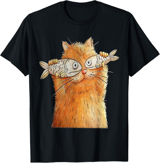 Vintage Cute Funny Cat With 2 Fishes On Eyes Lover Whimsical T-Shirt
