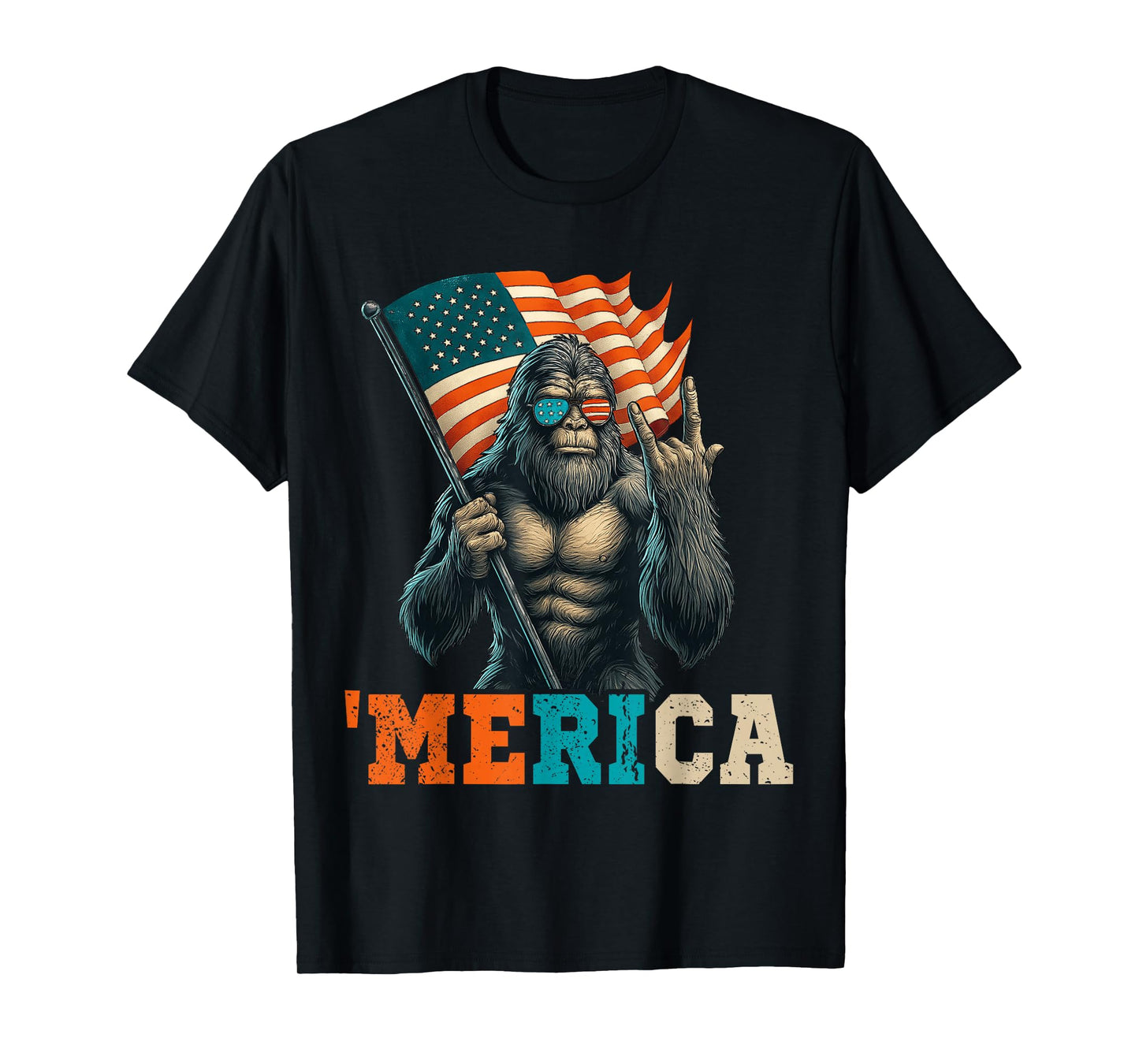 Funny Bigfoot American Flag Patriotic Sasquatch 4th of July T-Shirt