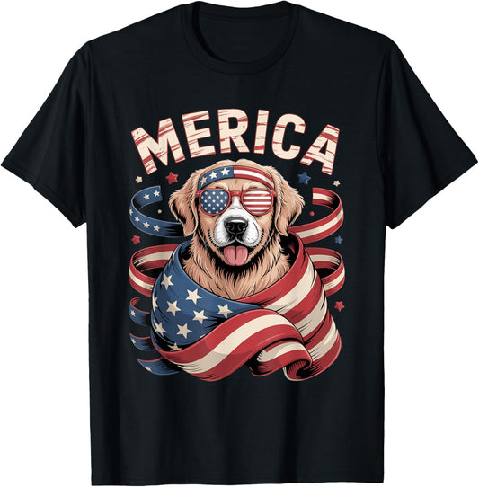 Golden Retriever Merica Dog Patriotic 4th Of July T-Shirt