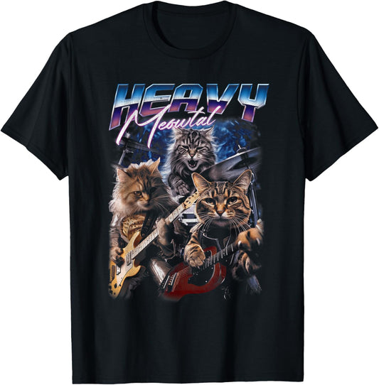 Heavy Meowtal Distressed Rock Cat Playing Guitar Music Bands T-Shirt