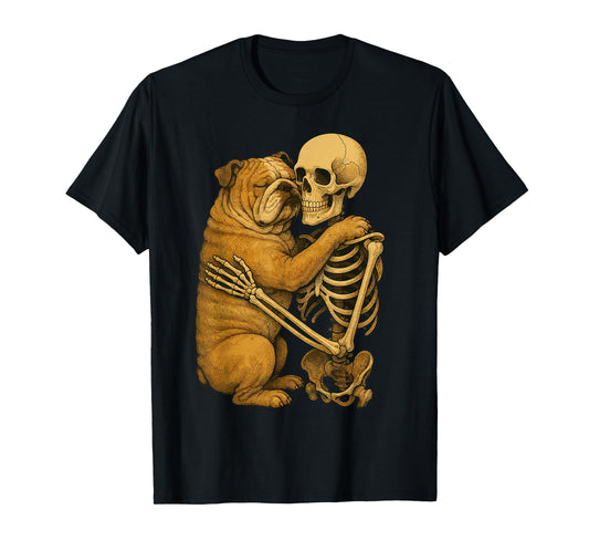 Skeleton Hugging English Bulldog T-Shirt