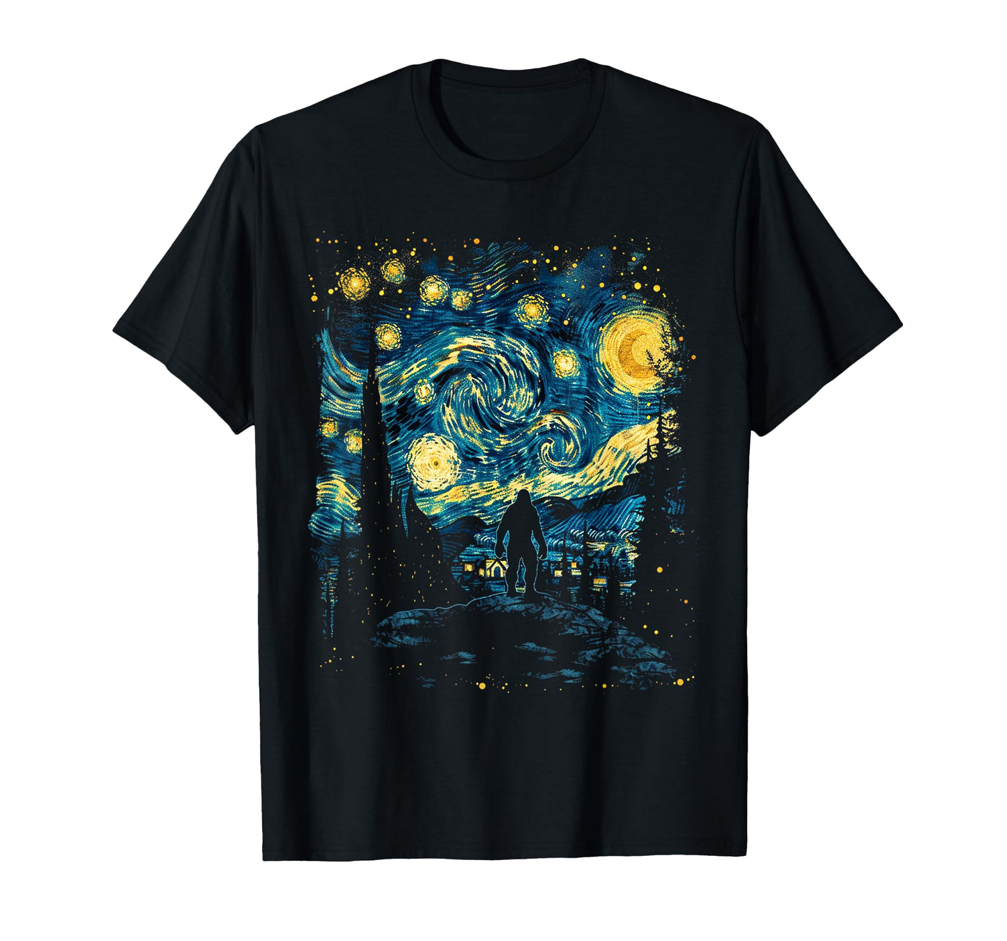 Funny Bigfoot Starry Night Sasquatch Van Gogh Sky Painting T-Shirt
