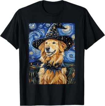 Golden Retriever Witch Costume Painting Starry Night Dog T-Shirt for Men Women Kids