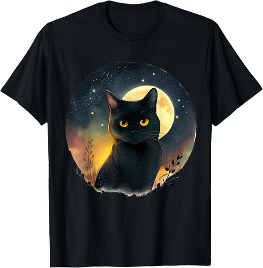 Cool Art Graphic Black Cat With Moon T-Shirt