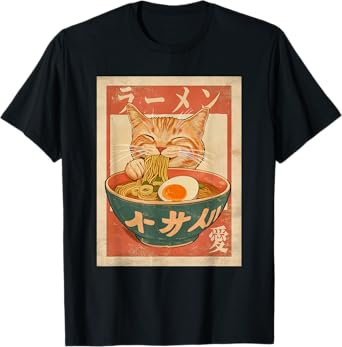 Cool Tees Cat Ramen Funny Japanese Vintage Graphic Tee Kawaii Anime Unisex-Adults T-Shirt Black Small