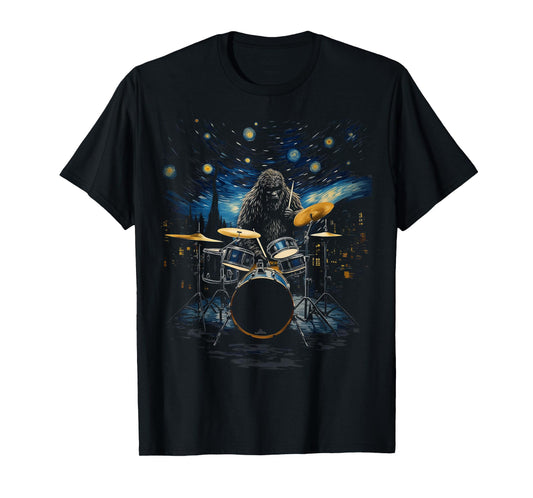 Percussionist Drummer Van Gogh Bigfoot Playing Drums T-Shirt
