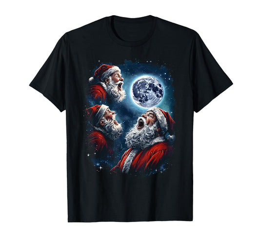 Three Santa Claus Moon Howling Funny Christmas Holiday Meme T-Shirt