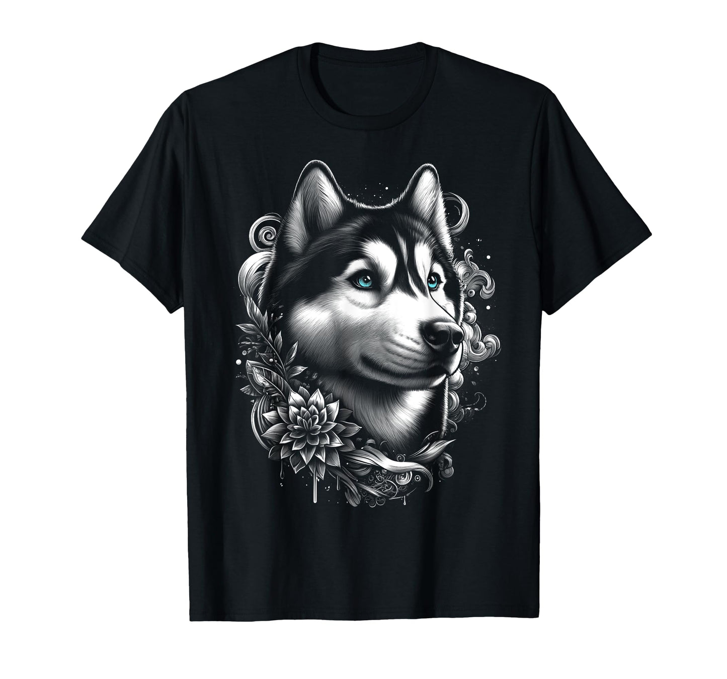 Cool Husky with Blue Eyes and Flowers Decoration T-Shirt