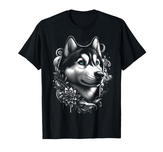 Cool Husky with Blue Eyes and Flowers Decoration T-Shirt