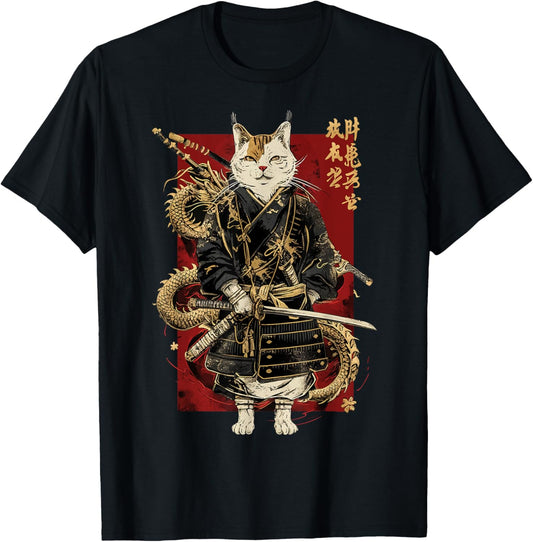 Samurai Cat with Dragon Japanese Kanji, Japan art lover T-Shirt