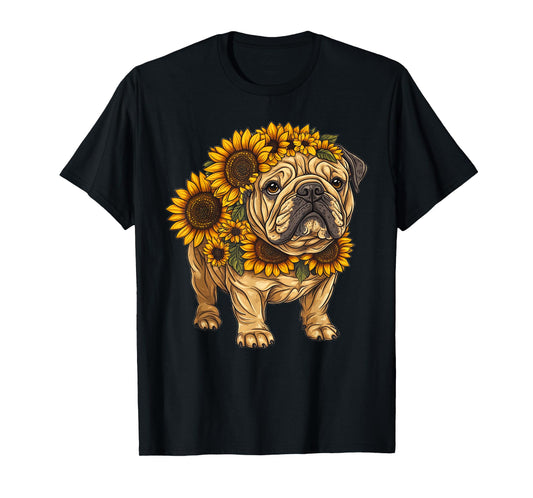 Sunflower English Bulldog Dog Flower Gardening Floral T-Shirt
