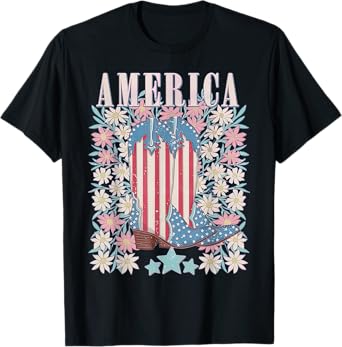 America Cowgirl Boots US Flag Floral Western 4th Of July T-Shirt