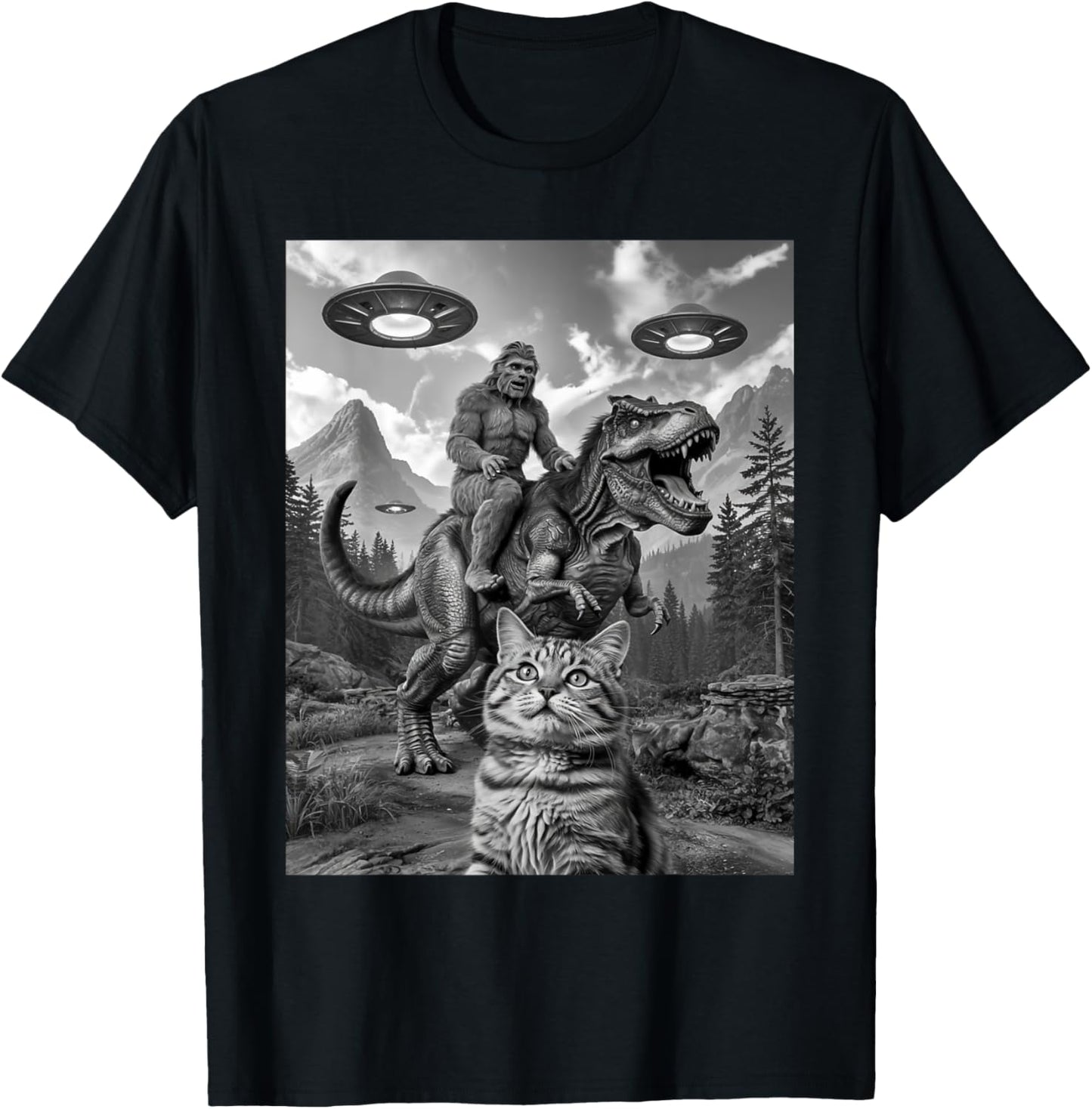 Cat Selfie with Bigfoot Riding T-rex Dinosaur Alien UFO Men Women Kids T-Shirt