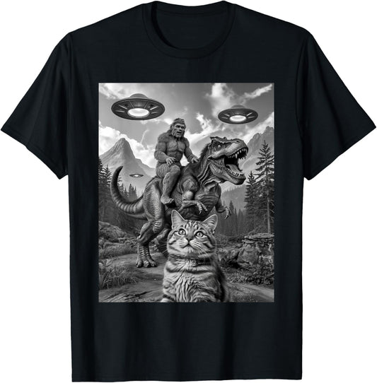 Cat Selfie with Bigfoot Riding T-rex Dinosaur Alien UFO Men Women Kids T-Shirt