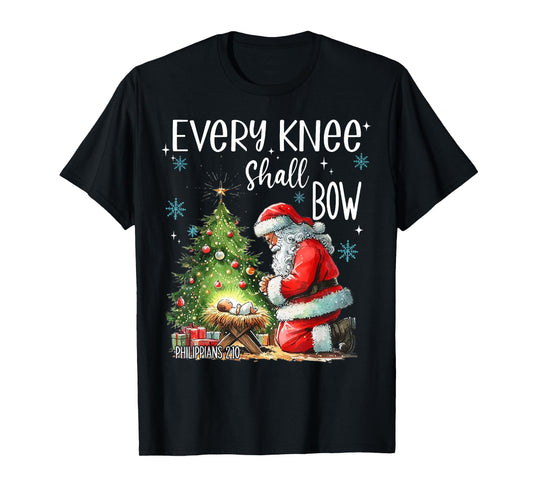 Every Knee Shall Bow Funny Kneeling Santa Baby Jesus T-Shirt
