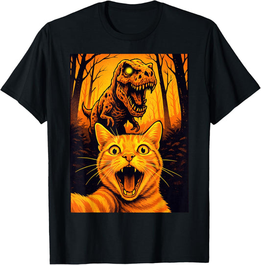 Scared Cat Selfie with Zombie T-Rex Dinosaur Halloween Day T-Shirt