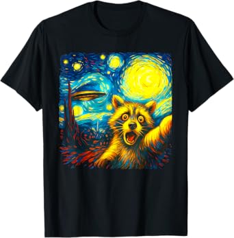 Raccoon Selfie With Alien UFO Funny Starry Night Van Gogh T-Shirt