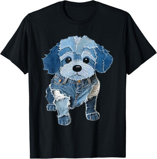 Retro Funny Denim Patch Animal Dog Patchwork Style Dog T-Shirt