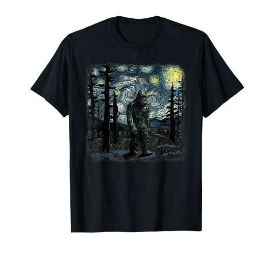 Bigfoot Starry Night Sasquatch Van Gogh Sky Painting Art T-Shirt
