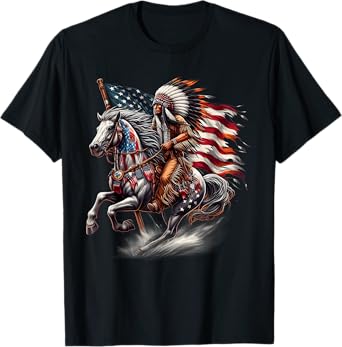 Native American Day Flag Indian Riding Horse 4th of July T-Shirt