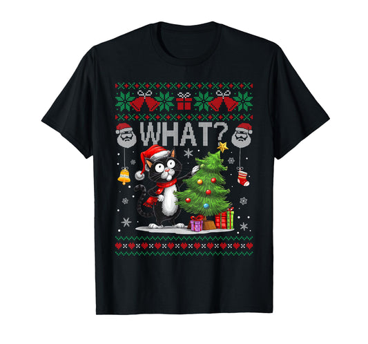 Funny Cat What Black Cat Christmas Tree Ugly Xmas Men Women T-Shirt