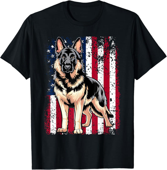 Patriotic Black German Shepherd American Flag Dog T-Shirt