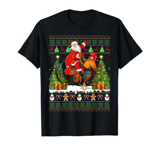 Rooster Bird Lover Funny Ugly Santa Riding Rooster Christmas T-Shirt
