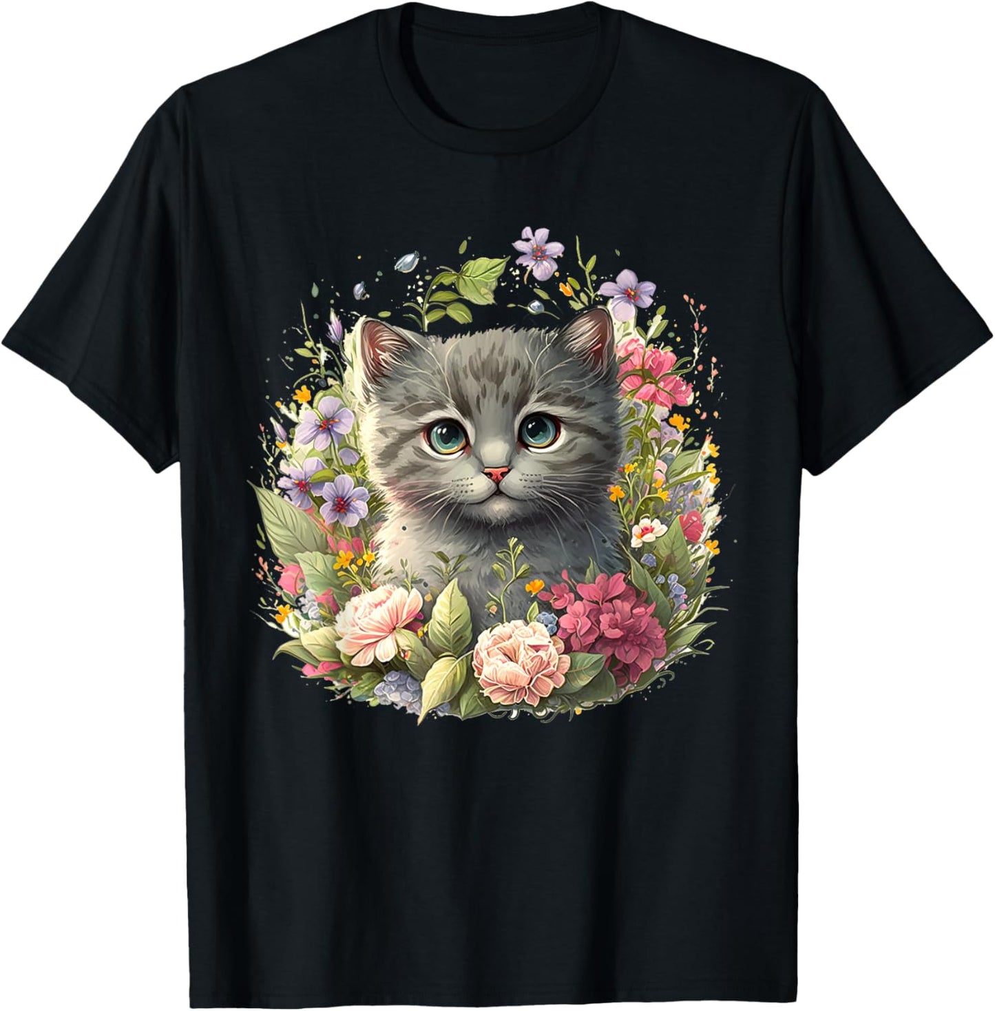 Adorable Cat, Cute Kitten Floral T-Shirt