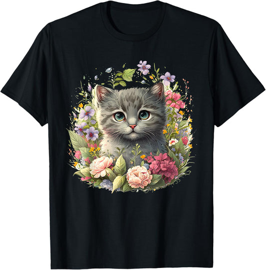 Adorable Cat, Cute Kitten Floral T-Shirt