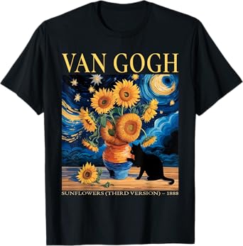 Funny Van Gogh Black Cat With Sunflowers Cat for Men Women T-Shirt