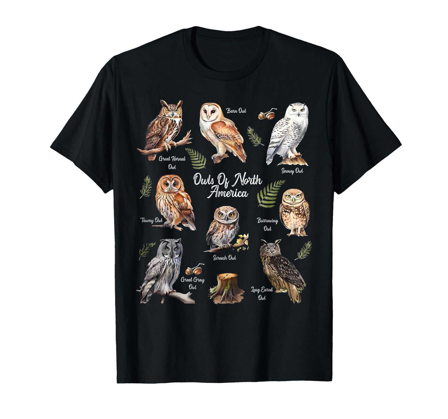 Owl Types North American Bird Of Prey Forest Bird Watcher T-Shirt