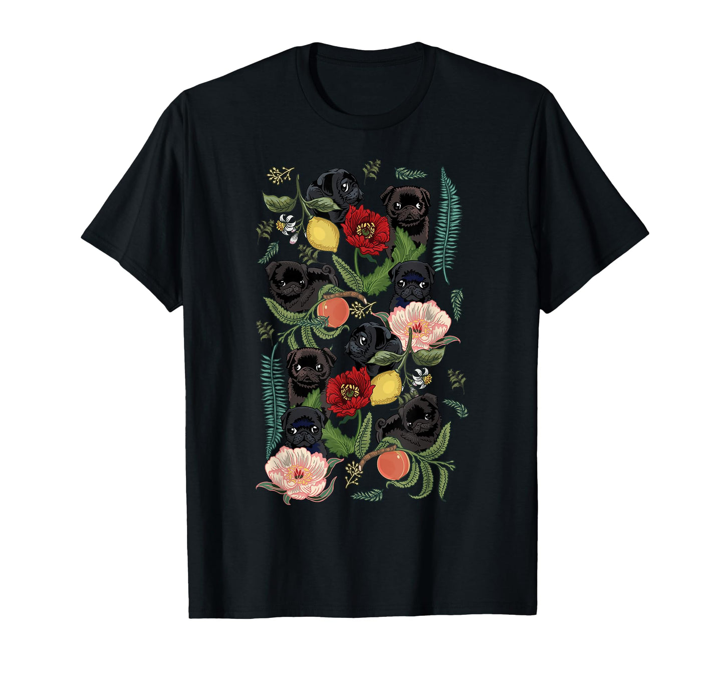 Botanical and Black Pug T- shirt by Huebucket T-Shirt