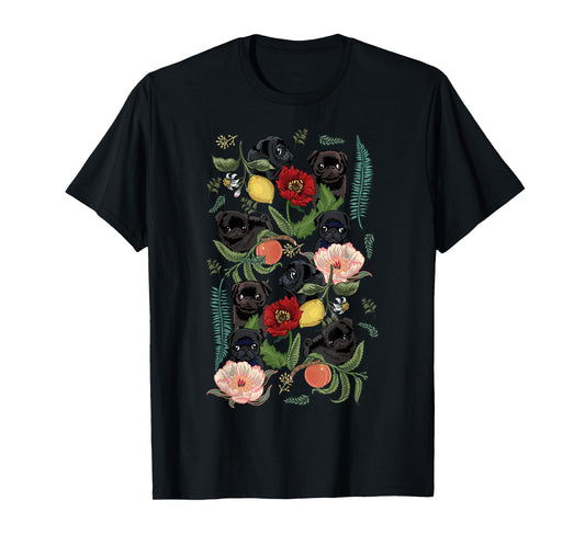 Botanical and Black Pug T- shirt by Huebucket T-Shirt