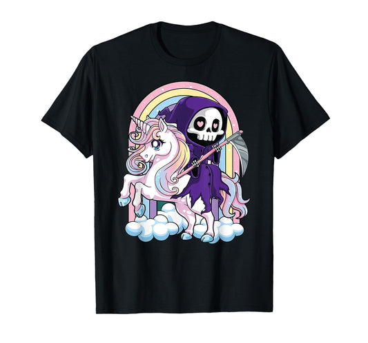 Kawaii Pastel Goth Cute Halloween Grim Reaper Riding Unicorn T-Shirt
