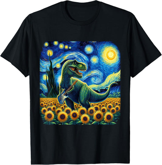 Dinosaur Starry Night Van Gogh Rock T Rex Playing Guitar T-Shirt