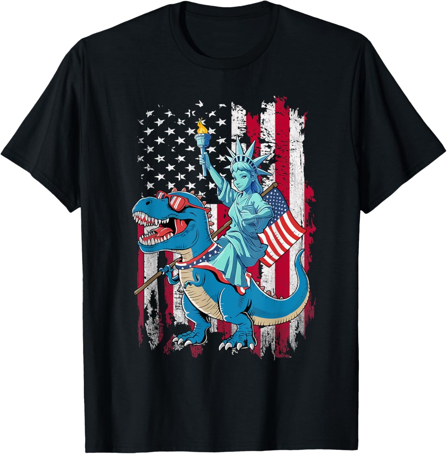 Dino Statue Of Liberty 4th Of July Shirt Boys American Flag T-Shirt