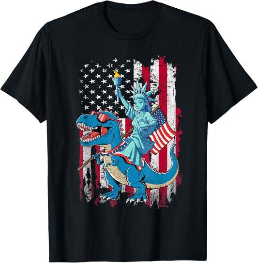 Dino Statue Of Liberty 4th Of July Shirt Boys American Flag T-Shirt