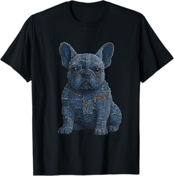 Dog Pattern Denim Patchwork French Bulldog Tee T-Shirt for Men Women Kids