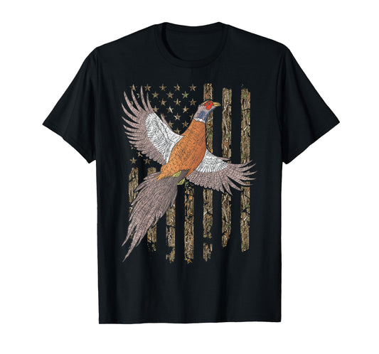 Pheasant Bird Hunting Usa American Flag Tree Camouflage T-Shirt