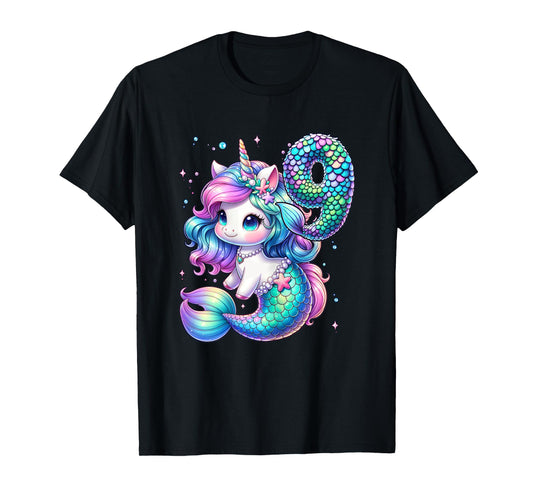 Unicorn Mermaid 9th Birthday 9 Year Old Party Girls Outfit T-Shirt