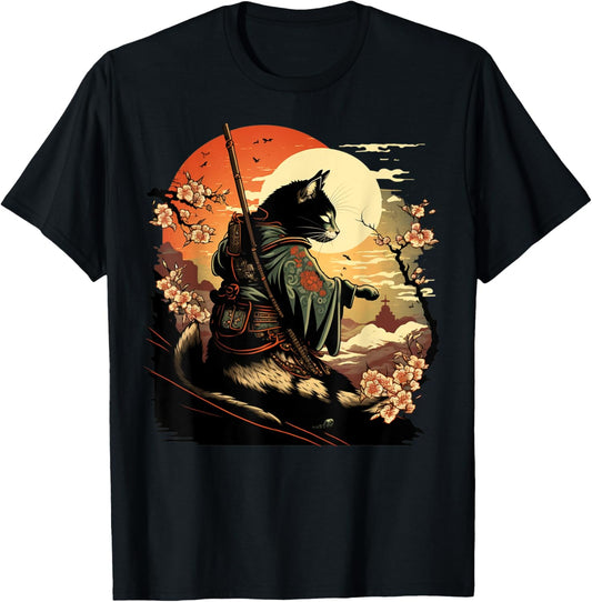 Japanese Art Cat Ninja Ukiyo-e Anime Style Samurai Cat T-Shirt