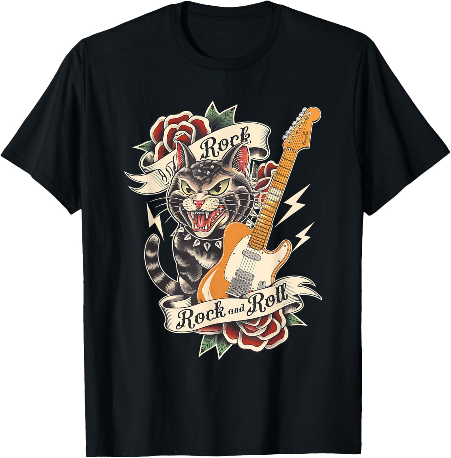 Rock and Roll Guitar Vintage Classic Tattoo Style Rock Cat T-Shirt