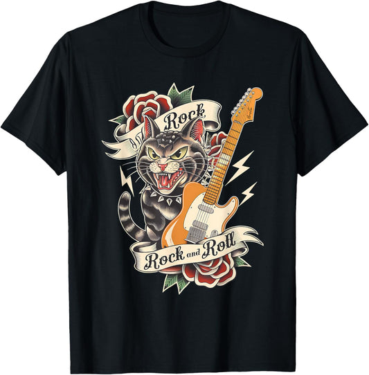 Rock and Roll Guitar Vintage Classic Tattoo Style Rock Cat T-Shirt