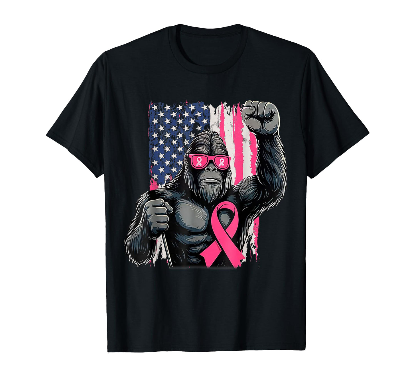 Bigfoot Breast Cancer Awareness American Flag Pink Ribbon T-Shirt